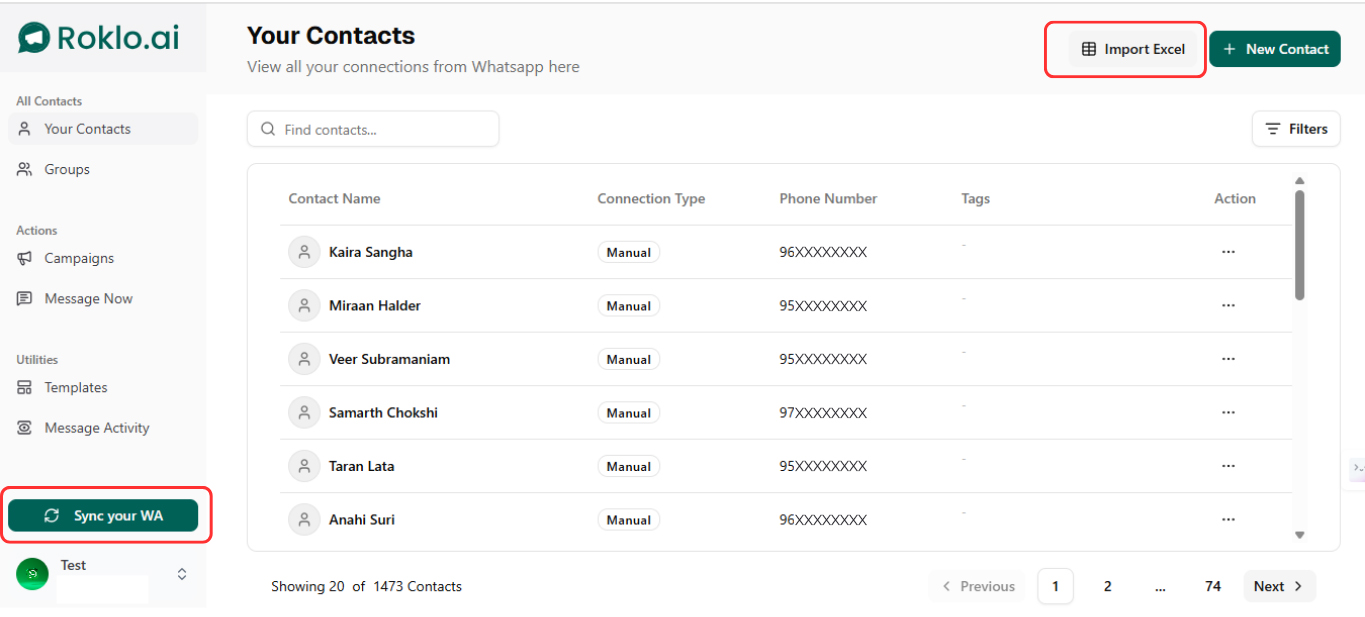 Contacts dashboard — click 